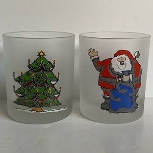 Christmas Santa & Tree Satin Frost Old Fashion Rocks Lowball Glasses Set 2 EUC